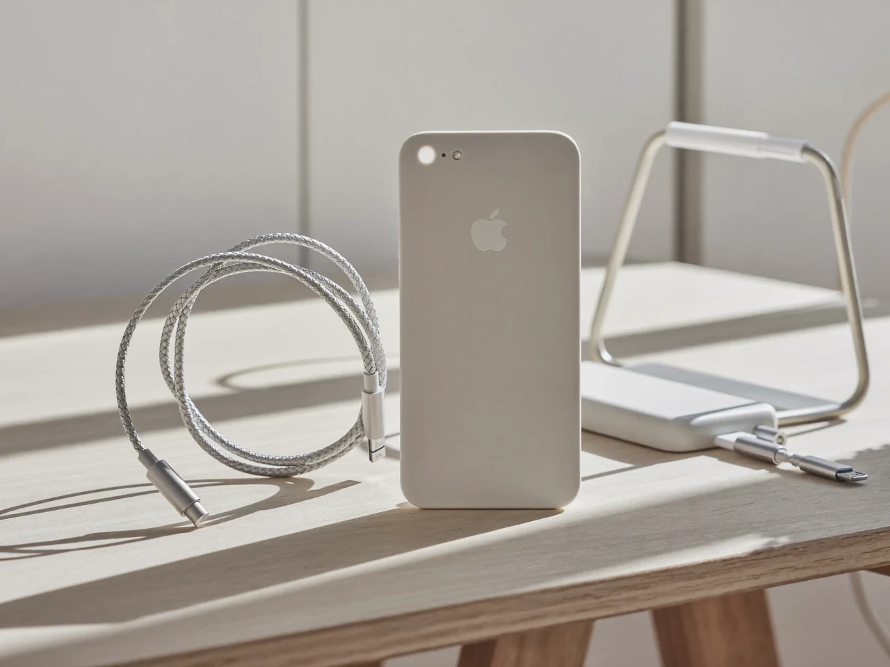 Roligt skrivebord med telefon, kabel, opladningsplade og lille holder i blødt dagslys