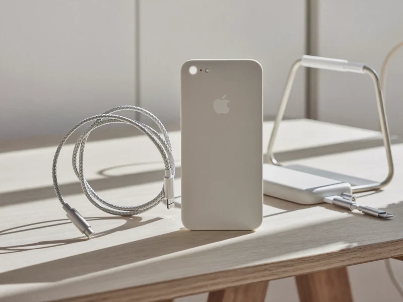 Roligt skrivebord med telefon, kabel, opladningsplade og lille holder i blødt dagslys