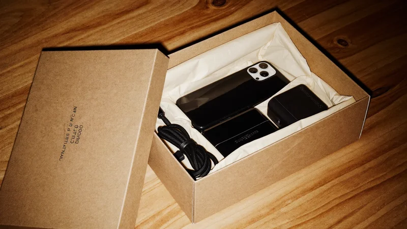 Åben kraftpapæske med cover, kabel og lader i silkepapir set ovenfra